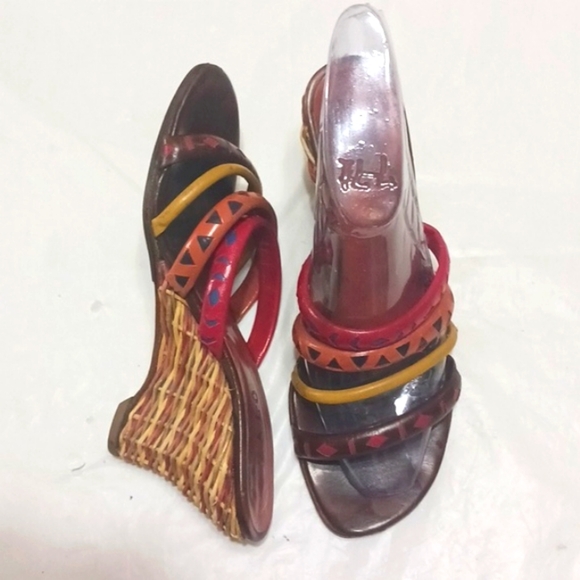 ZALO Leather and Straw Wedge Sandals - Picture 1 of 10